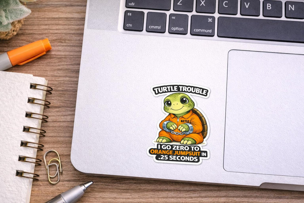 Turtle Trouble Sticker, Funny Orange Jumpsuit Vinyl Decal (Waterproof)