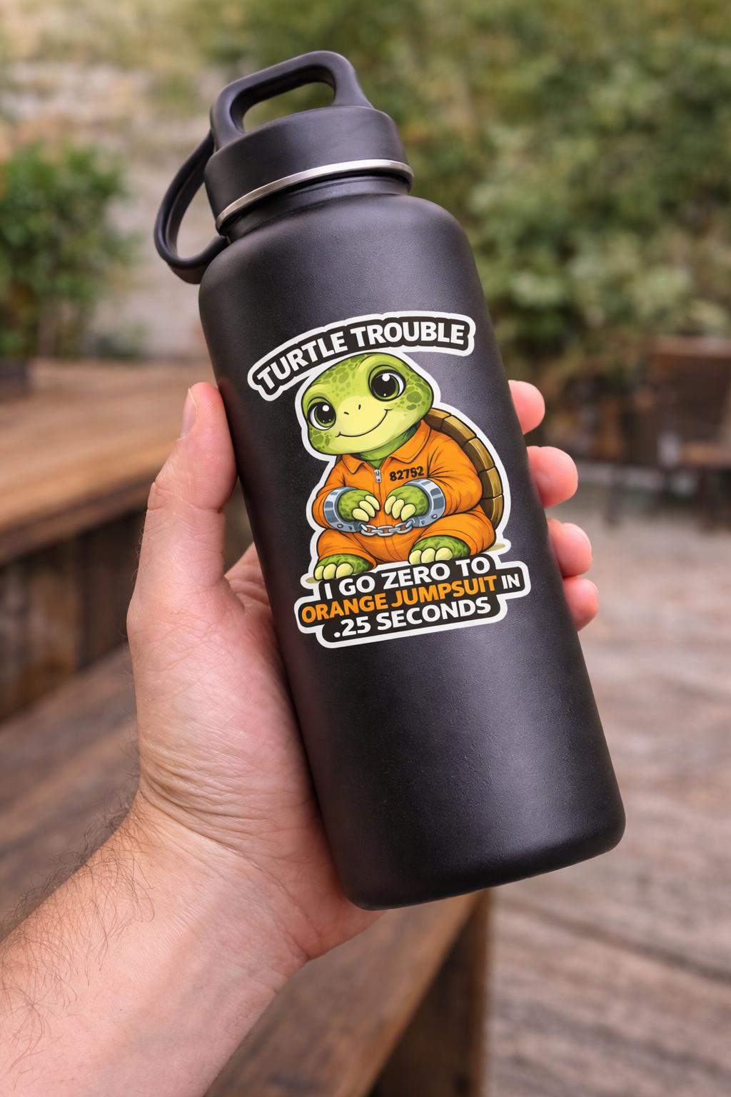 Turtle Trouble Sticker, Funny Orange Jumpsuit Vinyl Decal (Waterproof)