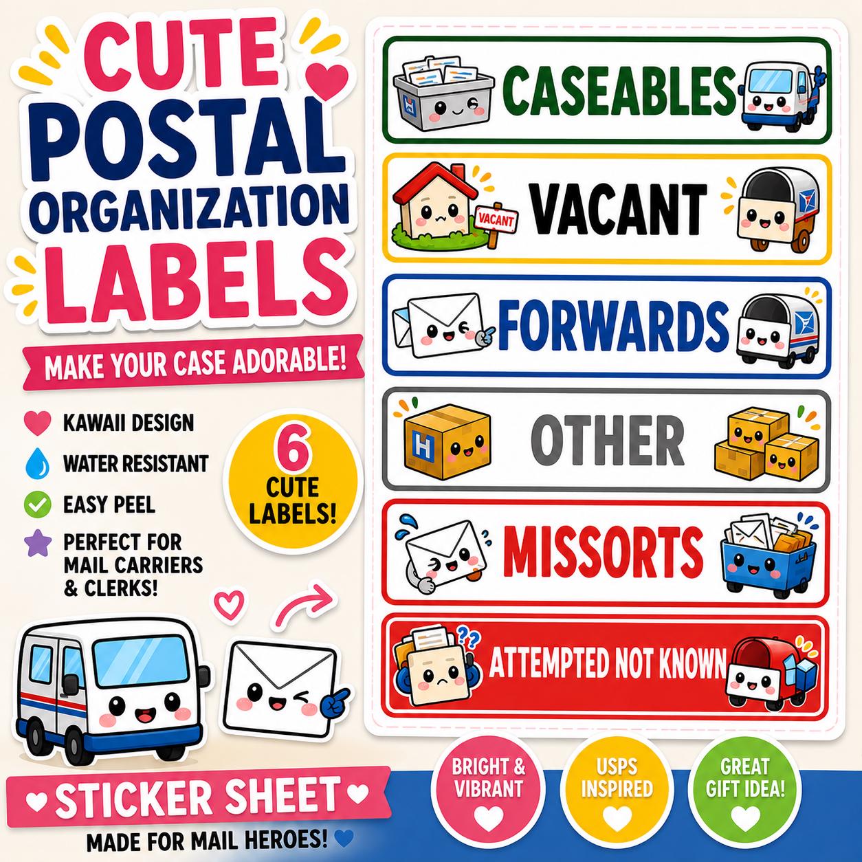 Kawaii Postal Tray Labels Stickers Mail Carrier Case Labels | USPS Organization | Caseables Forward Vacant Missorts attempted not known