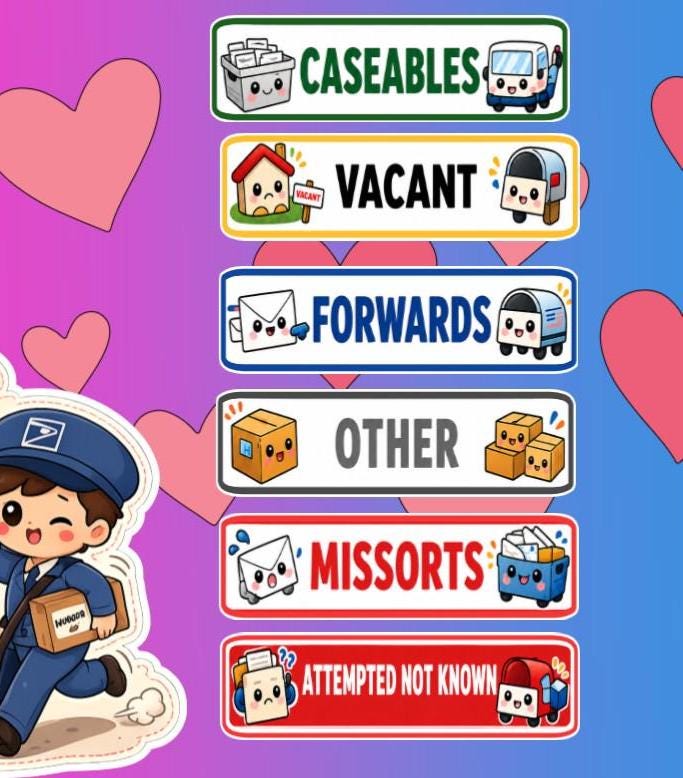Kawaii Postal Tray Labels Stickers Mail Carrier Case Labels | USPS Organization | Caseables Forward Vacant Missorts attempted not known