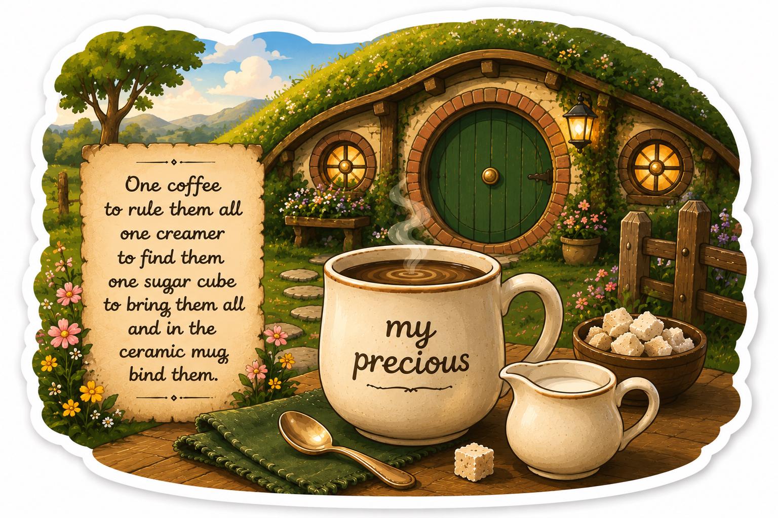 Fantasy Coffee Sticker, Cozy Cottagecore Mug Decal, Hobbitcore Vinyl Art