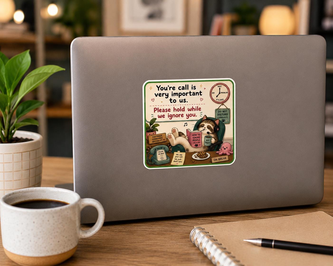 Sarcastic Cat Sticker – Office Humor Call Center Decal (Water Resistant Vinyl)