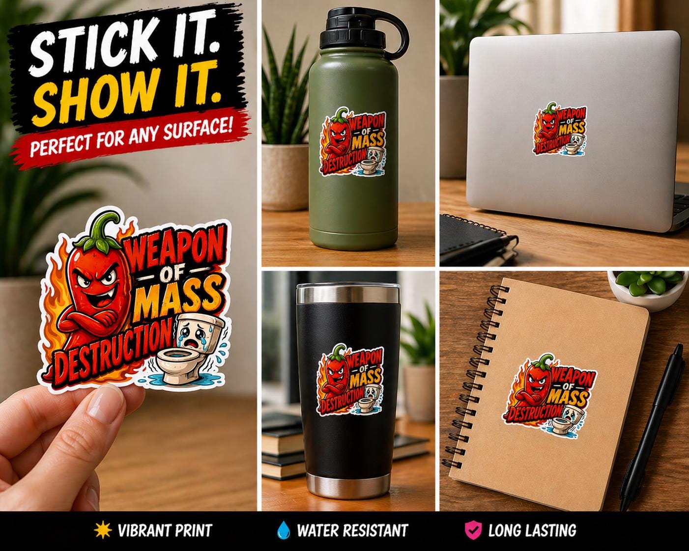 Weapon of Mass Destruction Sticker, Funny Spicy Pepper Decal, Chili Cookout BBQ Humor Vinyl Sticker, Restaurant Kitchen Joke, Adult Humor