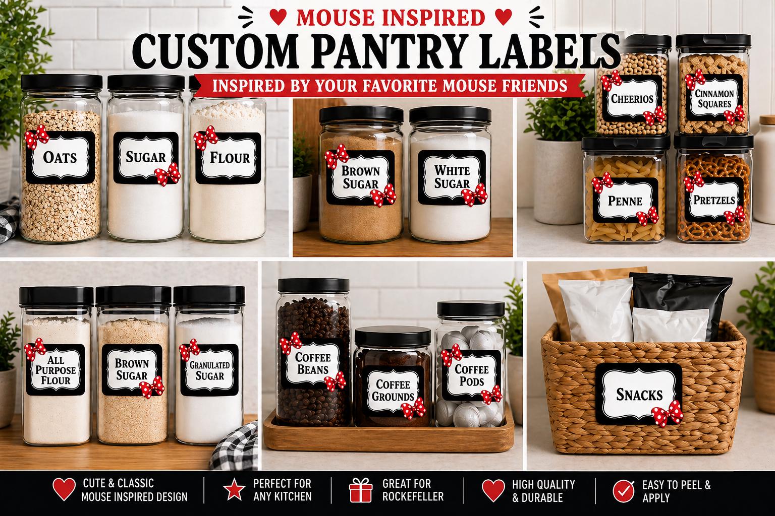 Custom Mouse Inspired Pantry Labels – Water Resistant Kitchen Organization (Set of 6)