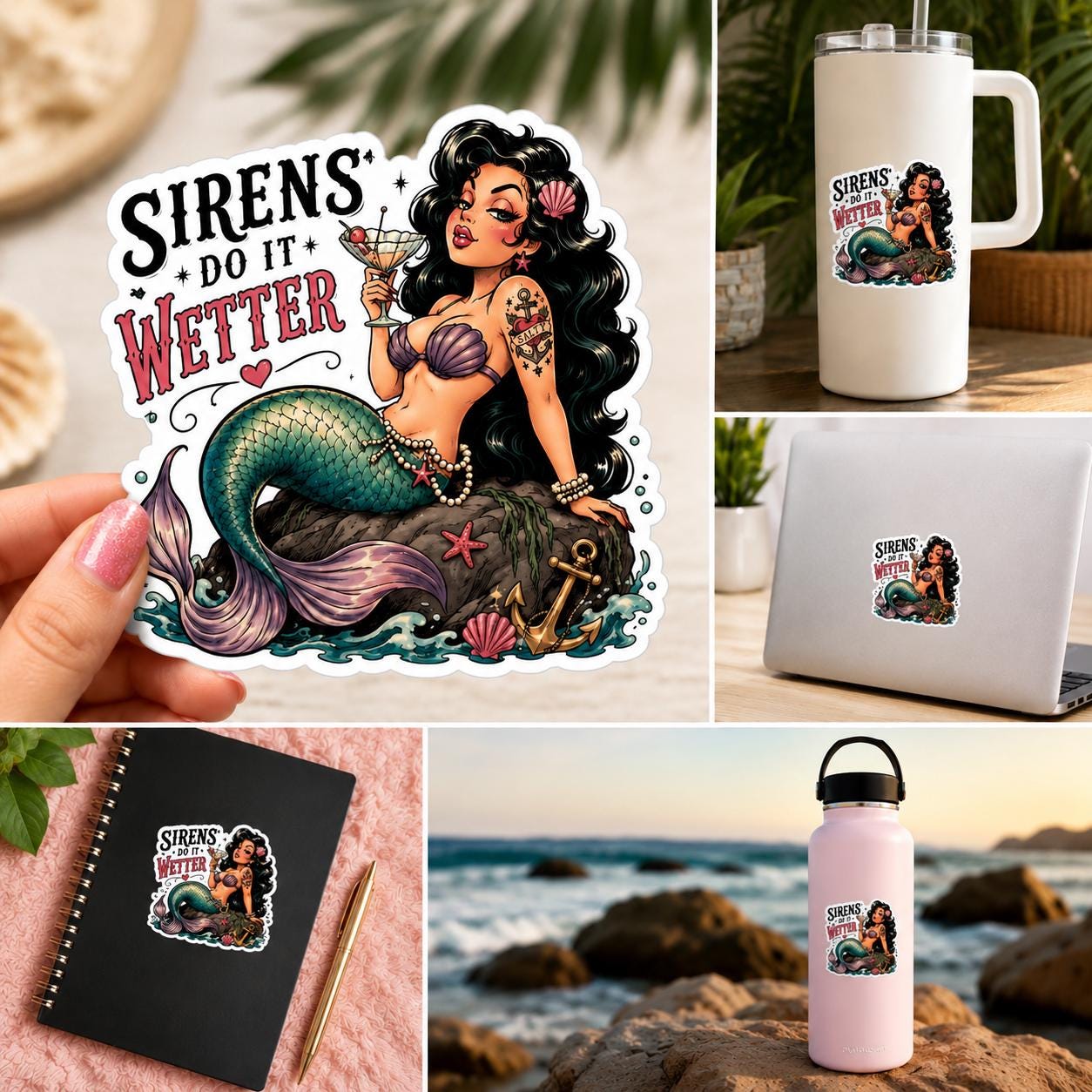 Sirens Do It Wetter Sticker | Funny Mermaid Sticker | Retro Pin Up Vinyl Decal | Waterproof Adult Humor Sticker for Water Bottle Laptop