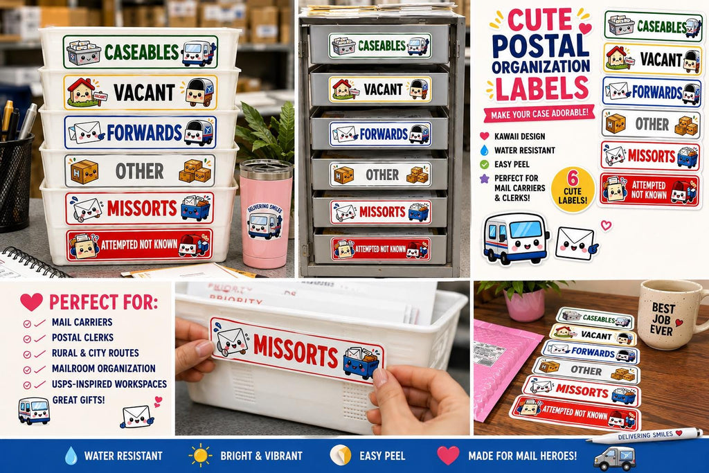 Kawaii Postal Tray Labels Stickers Mail Carrier Case Labels | USPS Organization | Caseables Forward Vacant Missorts attempted not known