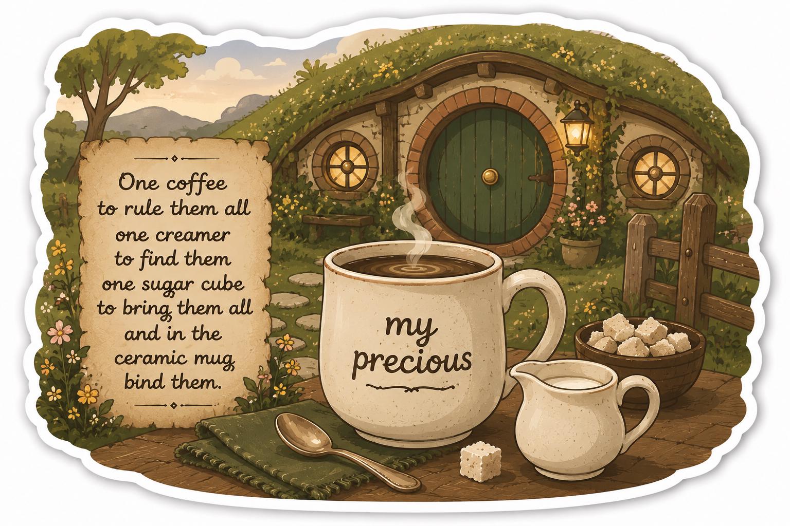 Fantasy Coffee Sticker, Cozy Cottagecore Mug Decal, Hobbitcore Vinyl Art