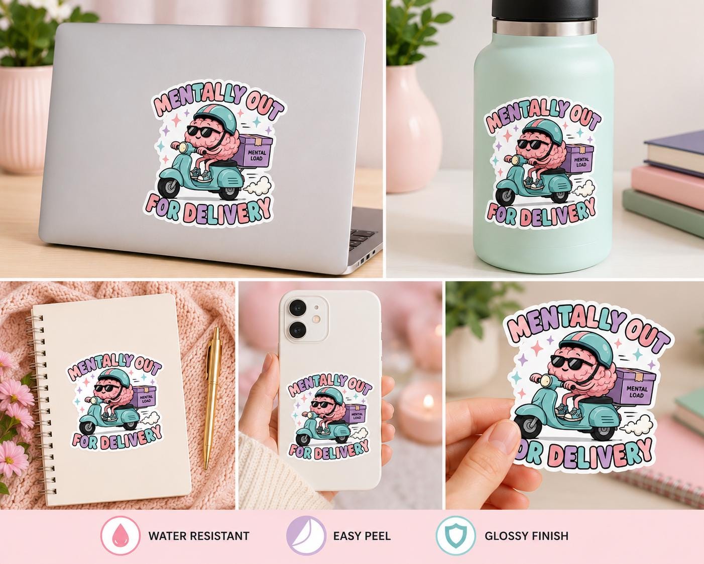 Mentally Out For Delivery Sticker, Brain Scooter Decal, ADHD Humor Laptop Sticker