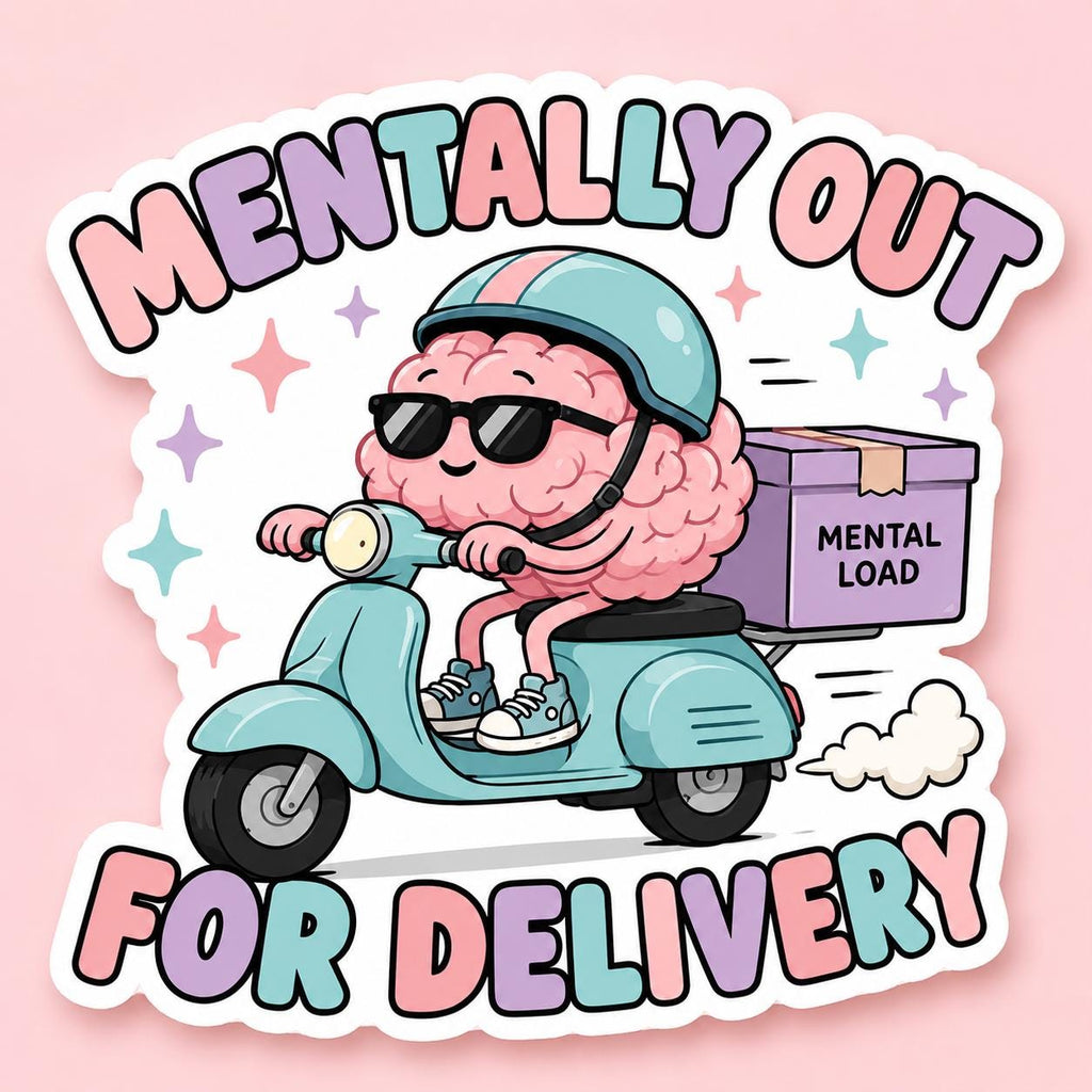 Mentally Out For Delivery Sticker, Brain Scooter Decal, ADHD Humor Laptop Sticker
