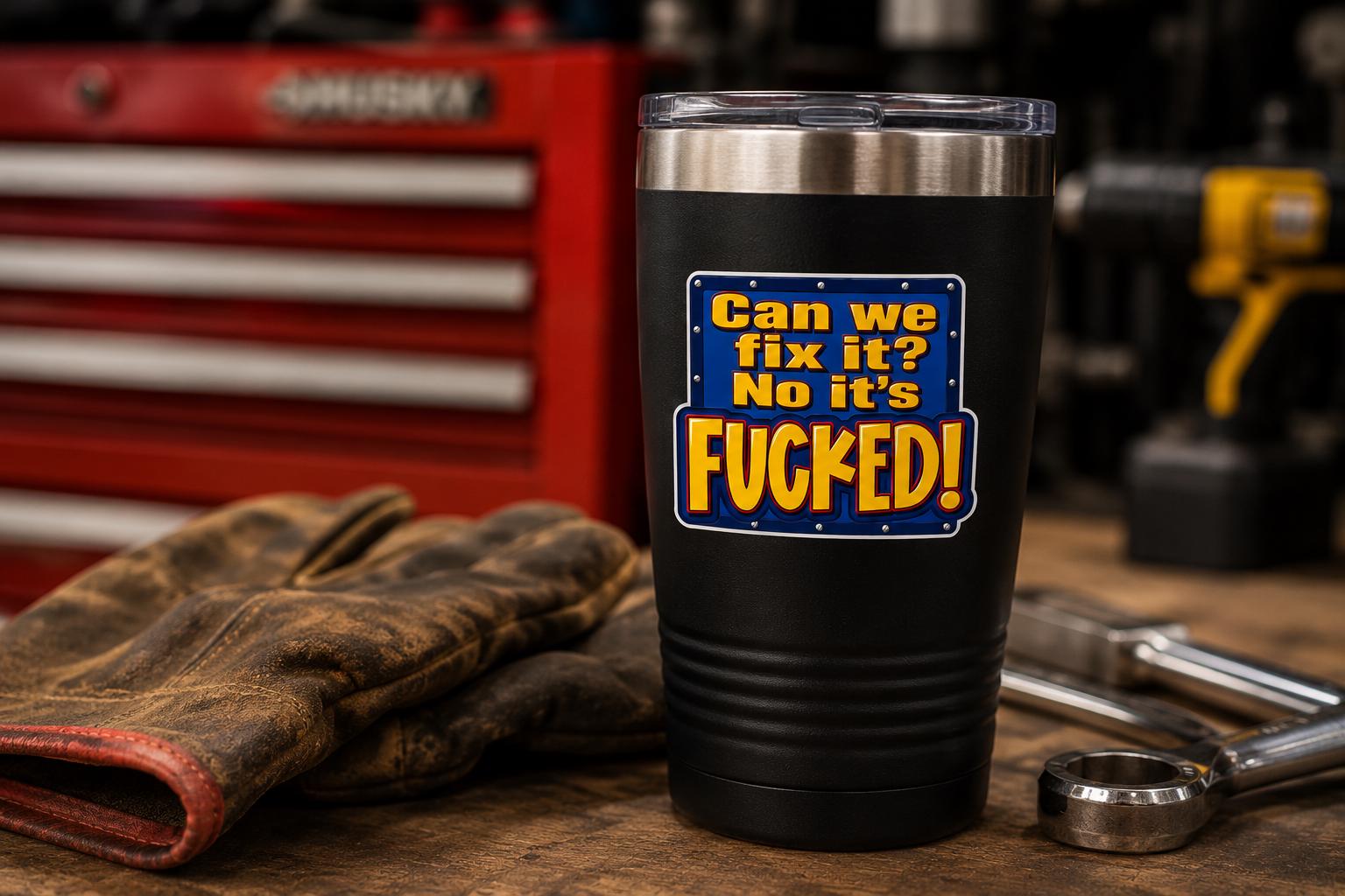 Can We Fix It? No It’s Fucked Sticker Funny Construction Meme Toolbox Decal Blue Collar Worker Gift Hard Hat Humor Cartoon Builder Parody
