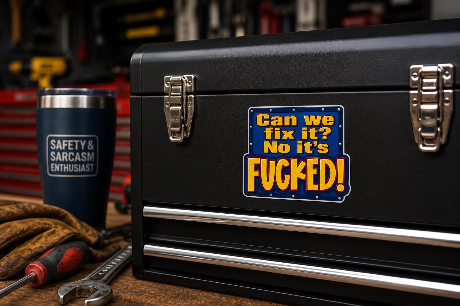 Can We Fix It? No It’s Fucked Sticker Funny Construction Meme Toolbox Decal Blue Collar Worker Gift Hard Hat Humor Cartoon Builder Parody